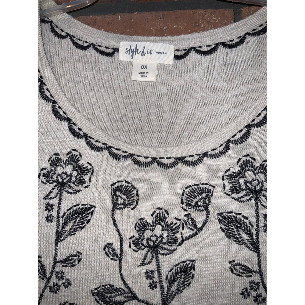 Style & Co Womens‎ Beige Long Sleeve Dress Black Floral Embroidery Size 0X - Picture 3 of 4
